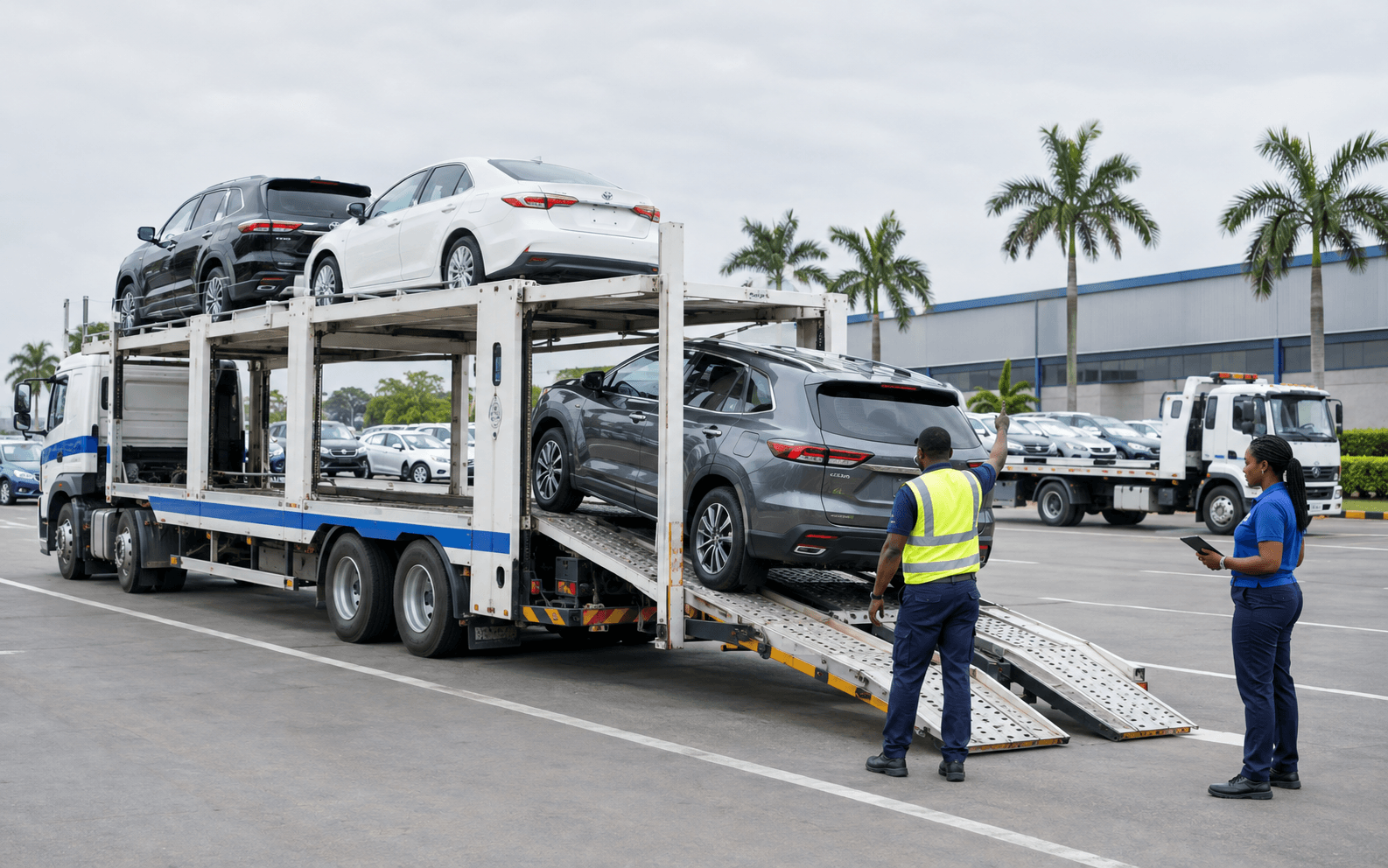 Tranzent crew loading an SUV onto a car carrier at a vehicle yard