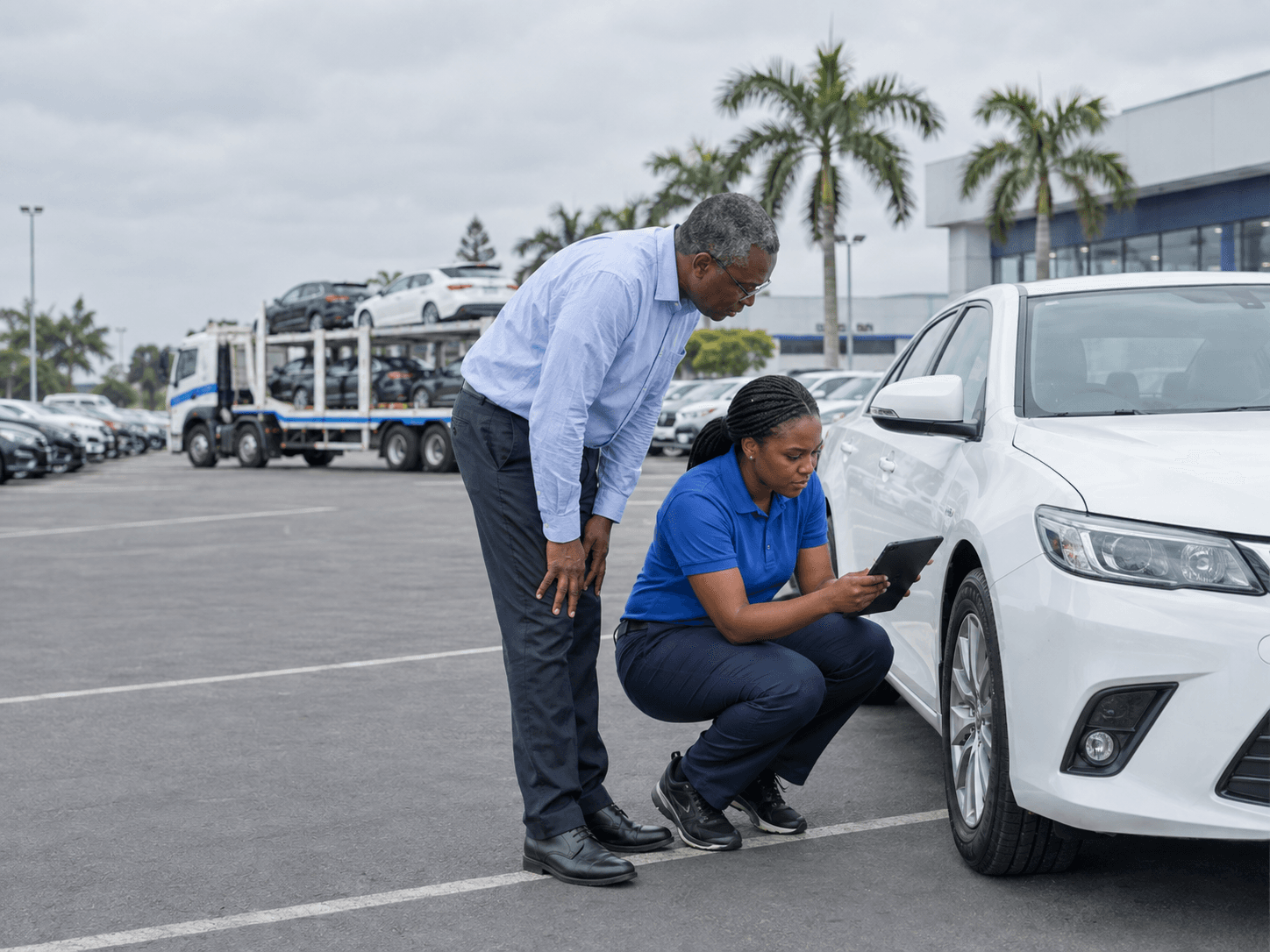 Tranzent coordinator and car owner reviewing a vehicle condition report