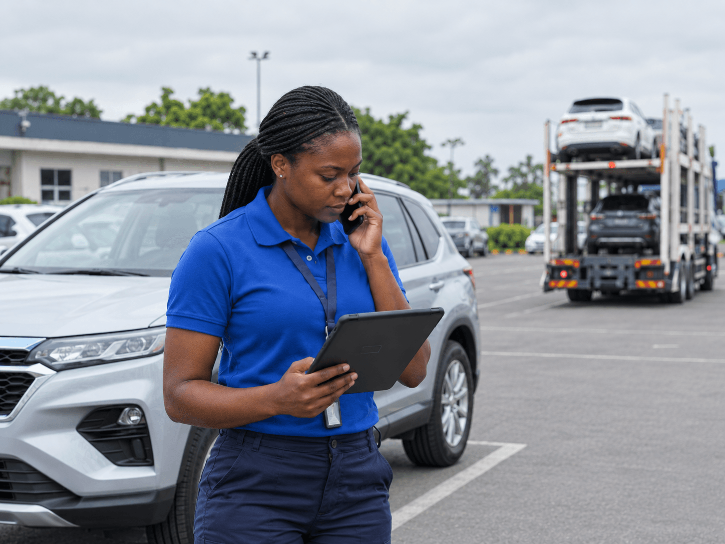Tranzent coordinator checking a tablet on a phone call beside a parked SUV at a vehicle yard