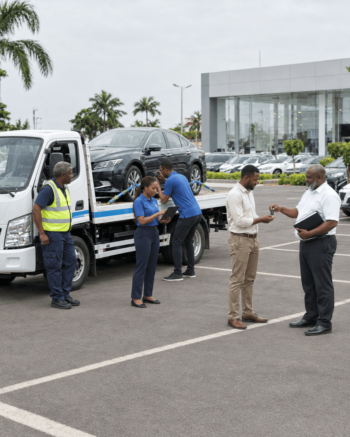 Tranzent team and driver completing a car handover with a dealer and owner at a dealership